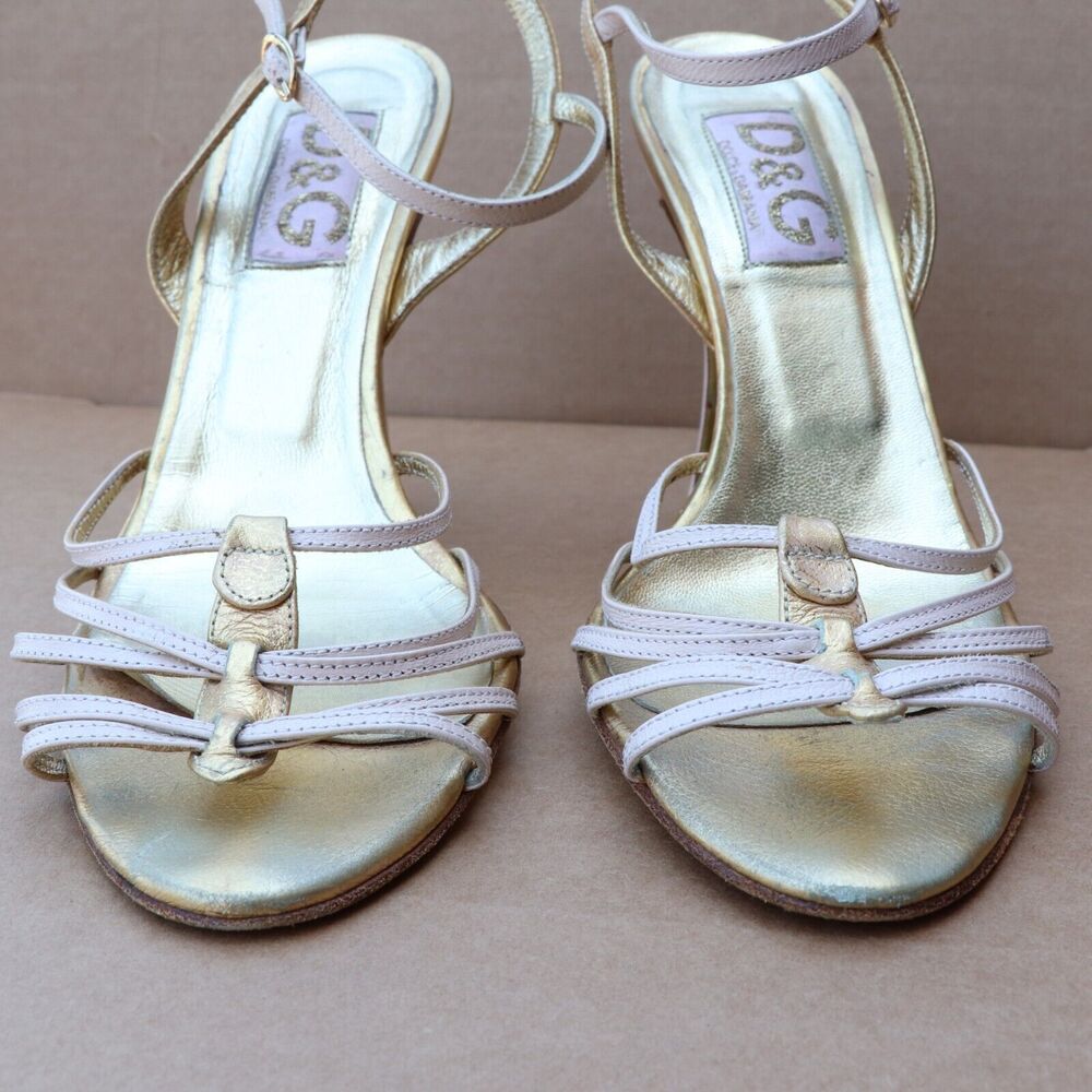 Dolce Gabbana Ankle Strap Heel Sandals Women's Size 6.5 Metallic Gold/Cream - Picture 4 of 10